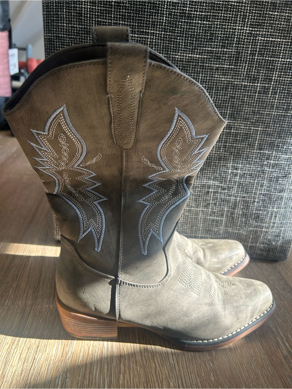 Taupe Suede Western Cowboy Boots with Embroidery